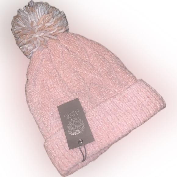 Vince Camuto Blush Pink Chenille Herringbone Knit Pom-Pom Beanie Toboggan Hat - Picture 1 of 6